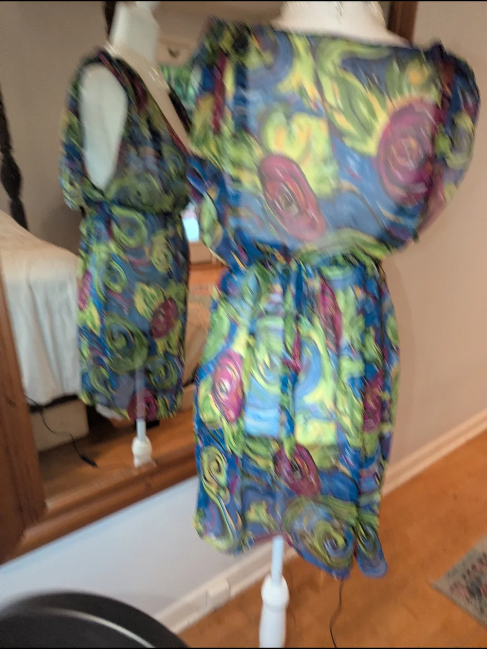 Sheer Floral V-Neck Swim Coverup in Blue & Green